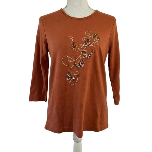 Bonnie Evans Burnt Orange Embroidered Butterfly Graphic Shirt Jem Embellished - Picture 1 of 9